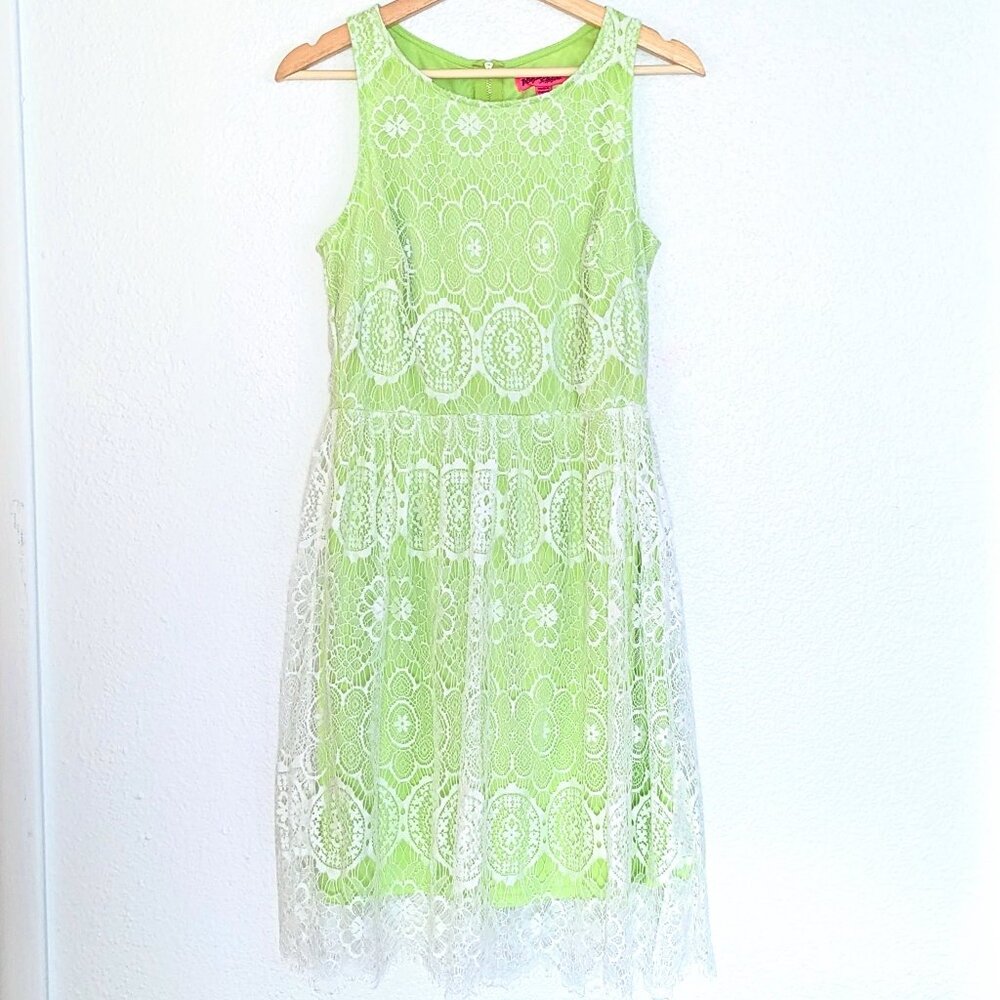 Betsey Johnson Midi Sleeveless Dress Lime Green White Floral Lace Overlay Sz 8
